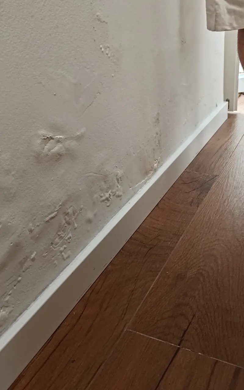 Base de uma parede com a tinta empolada pela humidade